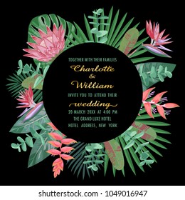 Floral wedding invitation with round frame, tropical flowers and herb in watercolor style on black background. Greenery template with text place for invite, greeting, birthday card, covers.