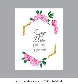 Floral Wedding Invitation. Save the Date Card with Blooming Pink Peony Flowers and Golden Frame. Romantic Botanical Design for Ceremony Decoration. Vector illustration