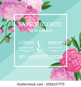 Floral Wedding Invitation. Save the Date Blooming Peony Flowers Card. Spring Botanical Design for Ceremony Decoration. Vector illustration