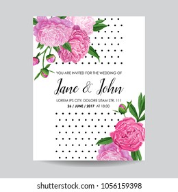 Floral Wedding Invitation. Save the Date Card with Blooming Peonies Flowers. Spring Botanical Design for Ceremony Decoration. Vector illustration