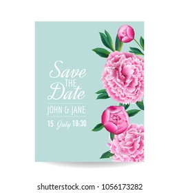 Floral Wedding Invitation. Save the Date Card with Blooming Pink Peony Flowers. Romantic Botanical Design for Party Decoration. Vector illustration