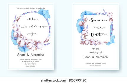 Invitación a la boda floral y guardar la tarjeta de fecha con membrete, algodón y espliego en color agua. Planta botánica verde con lugar de texto para invitar, saludar y cubrir