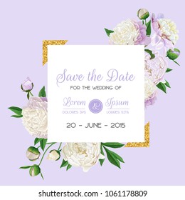 Floral Wedding Invitation. Save the Date Card with Blooming White Peony Flowers and Golden Frame. Romantic Botanical Design for Ceremony Decoration. Vector illustration