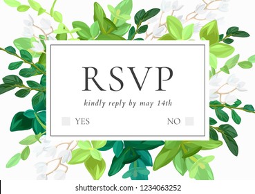 Floral wedding invitation or save the date card with green leaves, succulents, eucalyptus and white may flowers. Vector illustration.