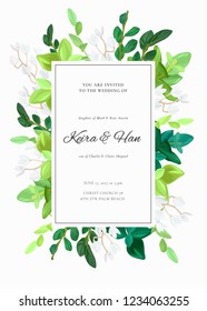 Floral wedding invitation or save the date card with green leaves, succulents, eucalyptus and white may flowers. Vector illustration.