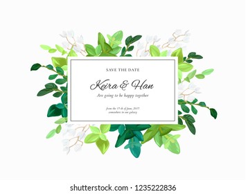 Floral wedding invitation or save the date card with green leaves, succulents, eucalyptus and white may flowers. Vector illustration.