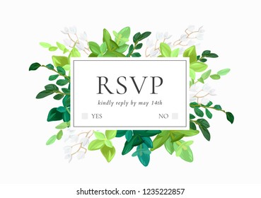 Floral wedding invitation or save the date card with green leaves, succulents, eucalyptus and white may flowers. Vector illustration.