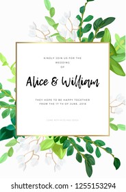 Floral wedding invitation or save the date card with green leaves, succulents, eucalyptus and white may flowers. Vector illustration.
