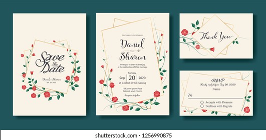 Floral wedding Invitation, save the date, thank you, rsvp card Design template. Vector. Vintage red rose flower vector.