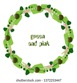 Floral wedding invitation or save the date card with green leaves, succulents, pink flowers and green berries on a white background. Vector illustration.