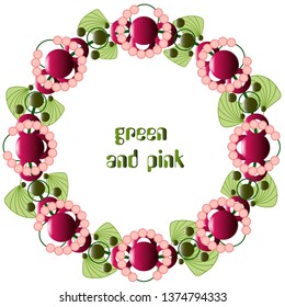 Floral wedding invitation or save the date card with green leaves, Red flowers on a white background. Pink. Green berries. Vector illustration.