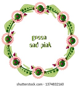 Floral wedding invitation or save the date card with green leaves, flowers on a white background. Pink. Green berries. Vector illustration.
