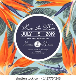 Floral wedding Invitation. Save the Date card with Strelitzia Reginae, tropical flowers and leaves. Hand drawn, realistic style. Summer, botanical design for party decoration. Vector illustration.