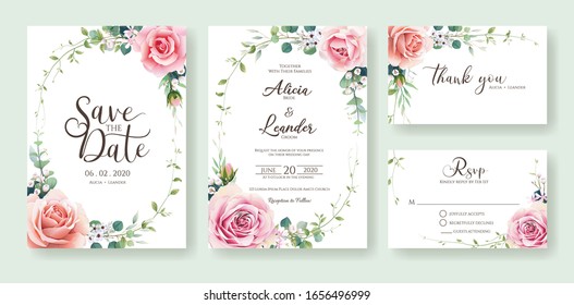 Floral wedding Invitation, save the date, thank you, rsvp card Design template. Vector. Orange and pink rose, Wax flower and olive leaves.