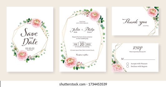 Floral wedding Invitation, save the date, thank you, rsvp card Design template. Ranunculus flower and greenery. Vector.