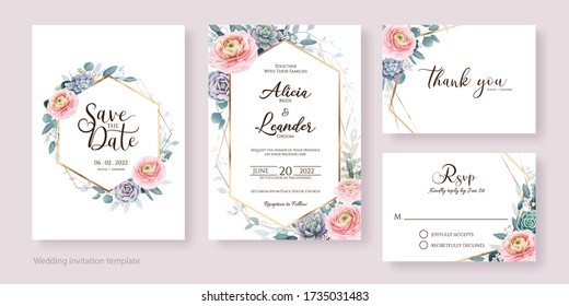 Floral wedding Invitation, save the date, thank you, rsvp card Design template. Ranunculus flower and greenery. Vector.