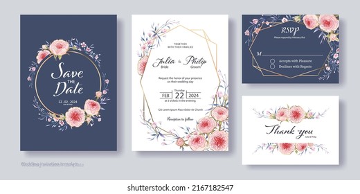 Floral wedding Invitation, save the date, thank you, rsvp card template. Vector.Roses and Wax flower. Watercolor style