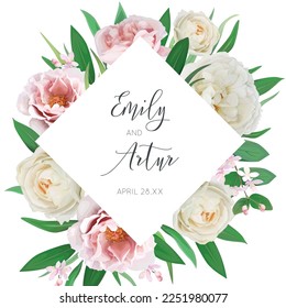 Floral wedding invitation, save the date card. Cream rose flowers, pink peony flower, green garden leaves wreath bouquet. Editable, watercolor style vector Illustration. Elegant spring template design