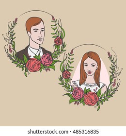 Floral wedding invitation, save the date. Flower vintage greeting card with laurel. Bride and groom getting married