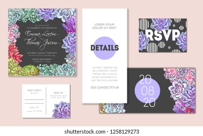 Floral wedding invitation set. Collection of different invite cards decorated with succulents. Save the date, rsvp vector cards. Botanical illustration.