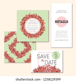 Floral wedding invitation set. Collection of different invite cards decorated with succulents. Save the date, rsvp vector cards. Botanical illustration.