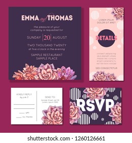 Floral wedding invitation set. Collection of different invite cards decorated with succulents. Save the date, rsvp vector cards. Botanical illustration.