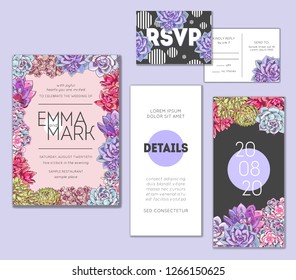 Floral wedding invitation set. Collection of different invite cards decorated with succulents. Save the date, rsvp vector cards. Botanical illustration.