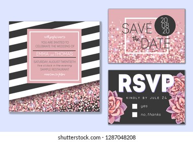 Floral wedding invitation set. Collection of different invite cards decorated with succulents and rose glitter. Save the date, rsvp vector cards. 