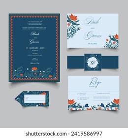 Floral Wedding Invitation set including Wedding Card, RSVP Card, Name-card, Thank you card, sticker with belly Band and Tag.  svg