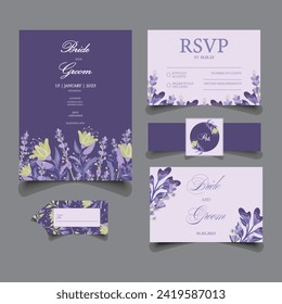 Floral Wedding Invitation set including Wedding Card, RSVP Card, Name-card, Thank you card, sticker with belly Band and Tag.  svg