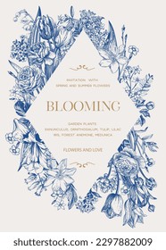 Floral wedding invitation. Spring and summer flowers. Blue.