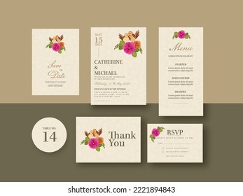 Floral Wedding Invitation Suite With Couple Birds Against Olive Brown Background.