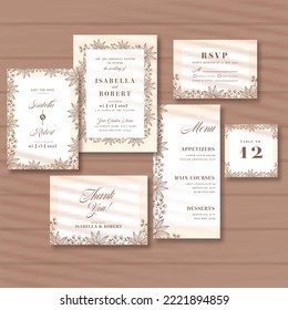 Floral Wedding Invitation Suite Present Against Brown Background.