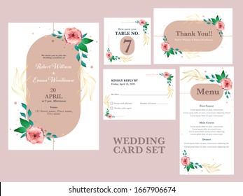 Floral Wedding Invitation, Table Number, Menu, Thank You and RSVP Card on Pink Background.