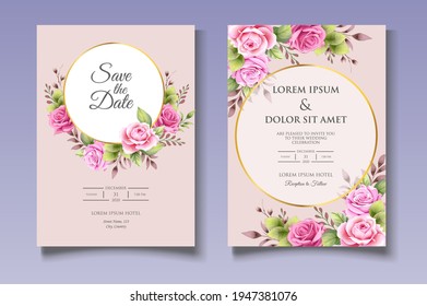 Floral wedding invitation template with beautiful flowers and leaves