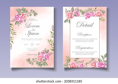 Floral wedding invitation template with beautiful flowers and leaves