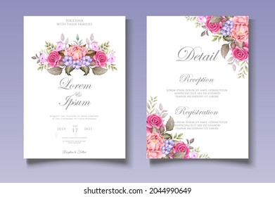 Floral wedding invitation template with beautiful flowers and leaves
