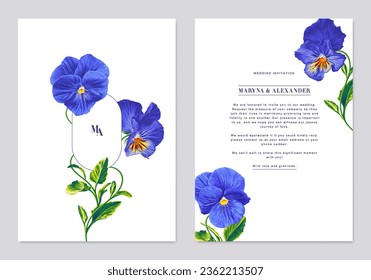 Floral wedding invitation template design, Save the Date, Invitation Navy Card Collection with dark blue flower Pansies. Vector fashion cover, graphic poster, geometric floral brochure design template