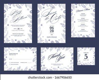 Floral Wedding Invitation Template, Dinner Menu, Save The Date, Kindly Reply, Table Number and Thank You Card.