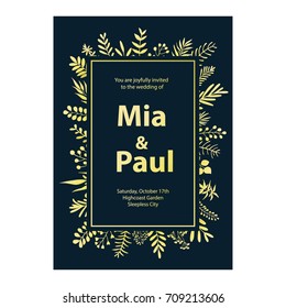 floral wedding invitation template frame background in gold and navy blue colors