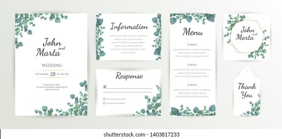 Floral Wedding Invitation Template, Green Wedding Invitation, Wedding Invitation Suite, Wedding Invitation Set. eps10