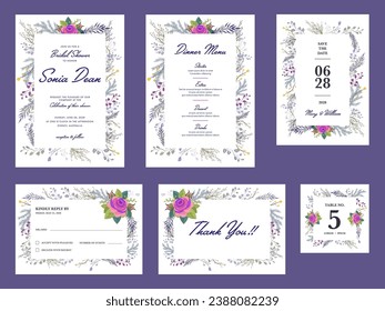Floral Wedding Invitation Template Layout like as Bridal Shower, Dinner Menu, Save The Date, Table No and Thank You Card.
