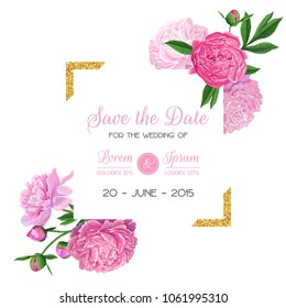 Plantilla de Invitación a Boda Floral. Guarda la tarjeta de fecha con paletas rosadas florecientes y marco dorado. Diseño botánico romántico con flores para la decoración de la Ceremonia. Ilustración del vector