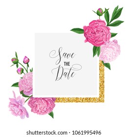 Plantilla de Invitación a Boda Floral. Guarda la tarjeta de fecha con flores rosadas y marco dorado. Diseño botánico romántico para la decoración de la Ceremonia. Ilustración del vector