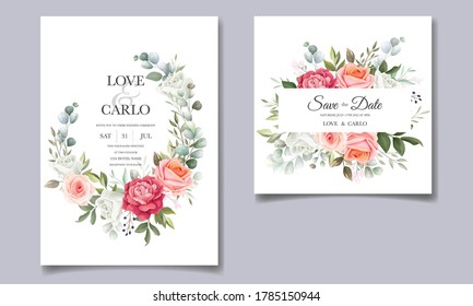 Floral wedding invitation template set with beautiful flower and leaves decoration