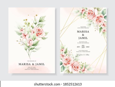 Floral wedding invitation template set with elegant roses flowers and leaves decoration