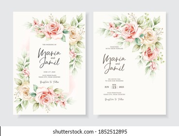 Plantilla de invitación a boda floral ambientada con hermosas rosas flores y decoración de hojas