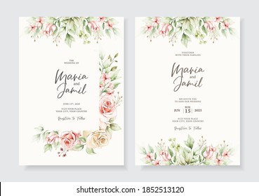 Floral wedding invitation template set with roses flowers and leaves decoration