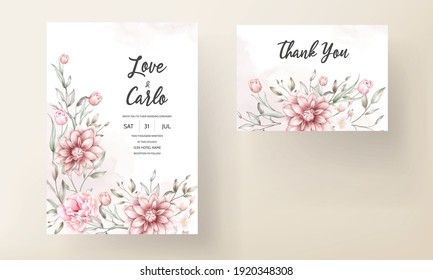 Floral Wedding Invitation Template Set With Brown And Peach Flowers And Leaves Decoration