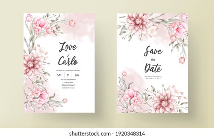 Floral wedding invitation template set with brown and peach flowers and leaves decoration